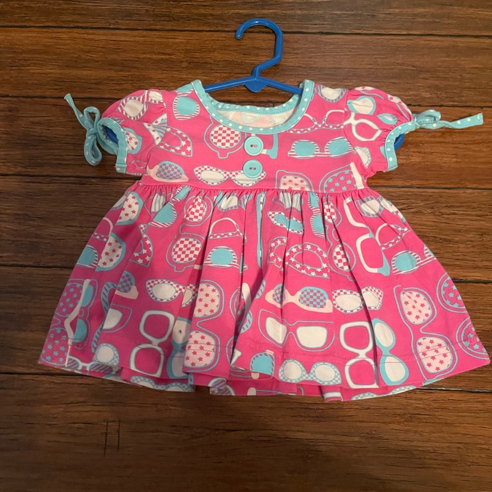 Eleanor Rose Pink and Blue Puff Sleeve Sundress with Sunglasses